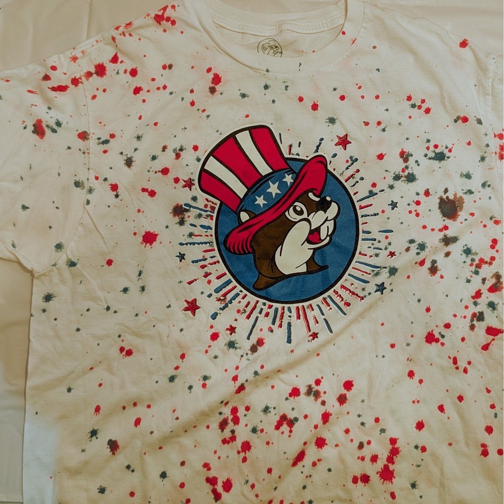 Buc-ee's 4th of July Peace Love Red White Blue Paint Fleck Cotton T-Shirt - Sz L